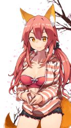 Rule 34 | 10s, 1girl, alternate hairstyle, animal ear fluff, animal ears, breasts, casual, cherry blossoms, cleavage, contrapposto, cowboy shot, fate/extra, fate (series), fox ears, fox tail, frilled shorts, frills, hair between eyes, hair ornament, hair scrunchie, highres, hood, hood down, hoodie, kei (soundcross), long hair, looking at viewer, low twintails, medium breasts, official alternate costume, open clothes, open hoodie, own hands together, parted lips, pink hair, scrunchie, shorts, smile, solo, standing, strapless, striped clothes, striped hoodie, tail, tamamo (fate), tamamo no mae (fate/extra), tamamo no mae (spring casual) (fate), tube top, twintails, yellow eyes