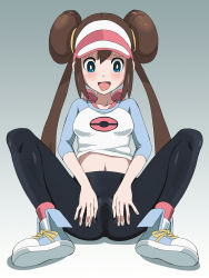 Rule 34 | 10s, 1girl, :d, anus, blue eyes, blush, brown hair, creatures (company), double bun, full body, game freak, hair bun, knees up, looking down, midriff, navel, nintendo, open mouth, pantyhose, pokemon, pokemon bw2, pussy, raglan sleeves, rayphenos, rosa (pokemon), shoes, simple background, skin tight, smile, sneakers, sneezing, solo, spread legs, spread pussy under clothes, visor cap, wet