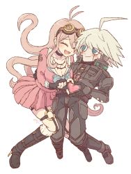 Rule 34 | 1boy, 1girl, ahoge, android, barbed wire, blonde hair, blue eyes, blush, boots, breasts, choker, cleavage, danganronpa (series), closed eyes, fang, fingerless gloves, gloves, goggles, goggles on head, hair ornament, hakusoto, heart, heart hands, heart hands duo, iruma miu, k1-b0, large breasts, long hair, looking at another, danganronpa v3: killing harmony, open mouth, school uniform, serafuku, short hair, silver hair, simple background, skirt, smile