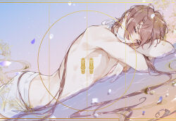 Rule 34 | 1boy, brown hair, closed mouth, cowboy shot, crossed arms, falling petals, flower, from side, gradient background, hair ribbon, highres, long hair, looking at viewer, looking to the side, lovebrush chronicles, low ponytail, lying, male focus, male swimwear, nieorst, no nipples, o&#039;connor (lovebrush chronicles), on stomach, partially submerged, petals, purple background, purple eyes, purple flower, ribbon, shorts, smile, solo, swept bangs, swim trunks, topless male, water, white ribbon, white shorts