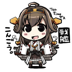 Rule 34 | 10s, 1girl, ahoge, bare shoulders, blush, brown hair, chibi, detached sleeves, es (eisis), hair ornament, hairband, headgear, japanese clothes, kantai collection, kongou (kancolle), long hair, looking at viewer, open mouth, personification, simple background, skirt, smile, solo, steam, tea, thighhighs, wide sleeves