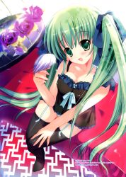 Rule 34 | 1girl, :d, absurdres, babydoll, bed, bird, bird on hand, black thighhighs, breasts, cleavage, commentary, covered erect nipples, flower, foreshortening, from above, garter straps, green eyes, green hair, green panties, hatsune miku, highres, mizusawa mimori, open mouth, panties, rose, sayagata, sitting, smile, striped clothes, striped panties, thighhighs, twintails, underwear, vocaloid