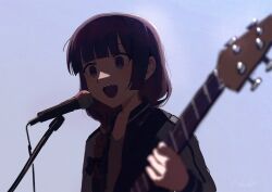Rule 34 | 1girl, bass guitar, black bow, blunt bangs, bocchi the rock!, bow, braid, commentary request, dress, hair bow, hair over shoulder, hiroi kikuri, holding, holding instrument, instrument, jacket, long hair, microphone, music, nekoreito, open clothes, open jacket, open mouth, playing instrument, sharp teeth, simple background, single braid, smile, solo, teeth