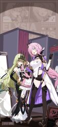 Rule 34 | ..., 2girls, :d, black dress, black gloves, blue eyes, boots, breasts, brown footwear, brown shorts, chinese commentary, claw ring, cleavage, cleavage cutout, clothes hanger, clothing cutout, crown, doll, dress, earrings, eden (honkai impact), elf, elysia (honkai impact), elysia (miss pink elf) (honkai impact), full body, gloves, green eyes, green hair, hair ornament, highres, holding, holding clothes hanger, honkai (series), honkai impact 3rd, jewelry, long hair, long sleeves, looking at viewer, medium breasts, mirror, mobius (honkai impact), multiple girls, musical note, official art, official wallpaper, one eye closed, open mouth, pink dress, pink hair, pointy ears, ponytail, poster (object), shirt, shorts, shrug (clothing), single earring, single glove, sleeveless, sleeveless dress, small breasts, smile, spoken musical note, standing, thigh boots, wavy hair, white shirt