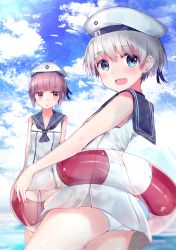 Rule 34 | 10s, 2girls, :d, :o, ascot, bare arms, blue eyes, blue sky, blunt bangs, blurry, blush, character name, cloud, cloudy sky, collarbone, cowboy shot, day, depth of field, dress, eyebrows, from side, hat, highres, innertube, kantai collection, lifebuoy, looking at viewer, multiple girls, neku (neku draw), open mouth, outdoors, panties, pink eyes, pink hair, sailor dress, sailor hat, short hair, silver hair, sky, sleeveless, smile, standing, swim ring, teeth, underwear, water, white dress, white hat, white panties, z1 leberecht maass (kancolle), z3 max schultz (kancolle)