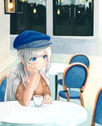 Rule 34 | 1girl, arm support, blue eyes, blue hat, blurry, blurry background, blush, breasts, brown shirt, cabbie hat, chair, closed mouth, cup, depth of field, hat, head in hand, head rest, highres, indoors, jacket, jacket on shoulders, long hair, looking away, low ponytail, medium breasts, mitamura, on chair, original, ponytail, saucer, shirt, sidelocks, signature, silver hair, sitting, smile, solo, table, white jacket