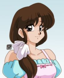 Rule 34 | 0tacat, 1980s (style), 1girl, absurdres, apron, black eyes, breasts, brown hair, collarbone, commentary, english commentary, hair over shoulder, highres, long hair, medium breasts, off-shoulder shirt, off shoulder, oldschool, pink apron, portrait, ranma 1/2, retro artstyle, shirt, signature, smile, solo, tendou kasumi