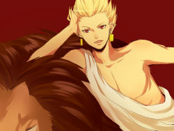 Rule 34 | 1boy, animal, bad id, bad pixiv id, blonde hair, earrings, fate/stay night, fate/zero, fate (series), gilgamesh (fate), jewelry, kami (yaoi), lion, lying, male focus, official alternate costume, red eyes, solo, toga, topless male
