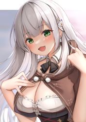 Rule 34 | 1girl, :d, black bow, black bowtie, blush, bow, bowtie, breasts, brown capelet, capelet, center frills, cleavage, commentary request, corset, detached collar, flower, frills, green eyes, hair flower, hair ornament, hand on own chest, hands up, highres, hololive, large breasts, long hair, looking at viewer, menmen (menmen13s), open mouth, shirogane noel, shirogane noel (dirndl), shirt, silver hair, smile, solo, upper body, virtual youtuber, white flower, white shirt