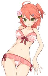 Rule 34 | 1girl, ahoge, asacrebleu, bare shoulders, bikini, breasts, cherry blossom print, cherry blossoms, cleavage, collarbone, floral print, flower, frilled bikini, frills, green eyes, groin, hair between eyes, hair flower, hair ornament, hairclip, highres, hololive, looking at viewer, medium breasts, medium hair, navel, official alternate costume, one side up, parted lips, pink bikini, pink hair, sakura miko, sakura miko (hololive summer 2019), solo, swimsuit, virtual youtuber, white background