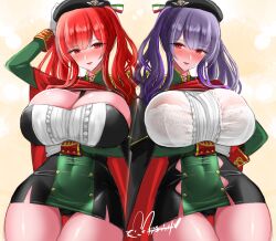 Rule 34 | 2girls, absurdres, arm under breasts, azur lane, beret, black headwear, black panties, blue hair, blush, bra, breasts, buttons, center frills, covered navel, frills, gloves, hat, highres, hisin, huge breasts, italian flag, lace, lace-trimmed bra, lace trim, looking at viewer, medium hair, multiple girls, panties, parted lips, pola (azur lane), red eyes, red hair, signature, taut clothes, underwear, white bra, white gloves, zara (azur lane)