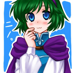 Rule 34 | 1girl, 74, :3, blue background, blue eyes, blush, blush stickers, cape, character name, fire emblem, fire emblem: the blazing blade, green hair, hairband, hand on own cheek, hand on own face, long sleeves, nino (fire emblem), nintendo, short hair, simple background, smile, solo, translated