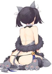 Rule 34 | 1girl, animal ears, animal hands, ass, bare back, bell, black hair, black panties, butt crack, cat ears, cat tail, fake animal ears, fake tail, fate/kaleid liner prisma illya, fate (series), from behind, fur collar, fur trim, jingle bell, miyu edelfelt, nanananana, panties, simple background, sitting, solo, tail, twintails, underwear, wariza, white background