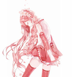 Rule 34 | 1girl, asymmetrical hair, bare shoulders, braid, cherry blossoms, closed mouth, detached sleeves, closed eyes, female focus, flower, frilled shirt collar, frilled skirt, frills, from side, hair flower, hair ornament, hatsune miku, head down, long hair, long sleeves, mamenomoto, monochrome, petals, pink flower, pink hair, pink skirt, pink thighhighs, sakura miku, shirt, single braid, skirt, sleeveless, sleeveless shirt, smile, solo, standing, thighhighs, very long hair, vocaloid, white background, zettai ryouiki