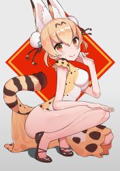 Rule 34 | 10s, 1girl, absurdres, adapted costume, alternate hairstyle, animal ears, bare arms, bare legs, blonde hair, blush, china dress, chinese clothes, commentary, double bun, dress, dress shoes, highres, kemono friends, multicolored hair, omucchan (omutyuan), serval (kemono friends), serval print, serval tail, short hair, short sleeves, solo, squatting, tail, thighs