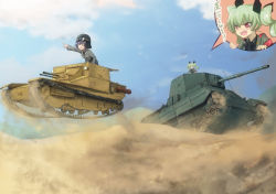 Rule 34 | 10s, 2girls, anchovy (girls und panzer), angry, black hair, bow, braid, brown eyes, carro armato p40, carro veloce cv-33, caterpillar tracks, cloud, day, desert, drill hair, dust cloud, girls und panzer, goggles, goggles on head, green hair, hair bow, helmet, jinguu (4839ms), long hair, military, military vehicle, motor vehicle, multiple girls, multiple views, open mouth, pepperoni (girls und panzer), pointing, red eyes, sand, side braid, sky, speech bubble, tank, twin drills, uniform, vehicle