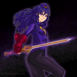 Rule 34 | 1girl, aura, blue eyes, blue hair, bodysuit, boots, capcom, corruption, empty eyes, enemy conversion, fire emblem, gauntlets, glowing, glowing eyes, hair between eyes, hat, highres, intelligent systems, leather, leather boots, leotard, looking at viewer, lucina (fire emblem), mind control, necktie, nintendo, pantyhose, self-upload, shadaloo dolls, simple background, street fighter, sword, weapon