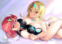 Rule 34 | 2girls, absurdres, ass, bare shoulders, black one-piece swimsuit, blonde hair, blush, breast press, breasts, chest jewel, cleavage, collarbone, competition swimsuit, daive, earrings, headpiece, highres, jewelry, large breasts, long hair, looking at viewer, multiple girls, mythra (radiant beach) (xenoblade), mythra (xenoblade), nintendo, one-piece swimsuit, pyra (pro swimmer) (xenoblade), pyra (xenoblade), red eyes, red hair, short hair, smile, swept bangs, swimsuit, symmetrical docking, thighs, tiara, white one-piece swimsuit, xenoblade chronicles (series), xenoblade chronicles 2, yellow eyes