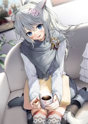 Rule 34 | 1girl, :d, absurdres, animal ears, black thighhighs, blue eyes, boots, cat ears, cat girl, cat tail, coffee, coffee mug, couch, cup, ear piercing, facial mark, final fantasy, final fantasy xiv, flower, grey footwear, grey scarf, grey skirt, grey sweater, hair flower, hair ornament, high heel boots, high heels, highres, holding, holding cup, indoors, jewelry, knee boots, long hair, long sleeves, looking at viewer, miniskirt, miqo&#039;te, mug, on couch, open mouth, painting (object), piercing, pillow, pink flower, ponytail, print thighhighs, ring, scarf, silver hair, skirt, sleeves past wrists, slit pupils, smile, solo, steam, sweater, tail, thighhighs, very long hair, warrior of light (ff14), whisker markings, yana mori