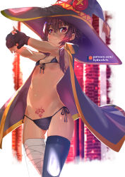 Rule 34 | 1girl, :3, arms up, bad id, bad pixiv id, bandaged leg, bandages, bikini, black bikini, black cape, black gloves, black hat, black thighhighs, blurry, blush, breasts, breasts apart, brown hair, button eyes, buttons, cape, closed mouth, collarbone, commentary, dark-skinned female, dark skin, depth of field, english commentary, fingerless gloves, front-tie bikini top, front-tie top, gloves, gluteal fold, hat, heart, heart-shaped pupils, highres, kono subarashii sekai ni shukufuku wo!, looking at viewer, megumin, micro bikini, navel, outstretched arms, own hands together, pubic tattoo, red eyes, short hair, side-tie bikini bottom, sidelocks, single thighhigh, small breasts, smile, smug, solo, stomach, stretching, swimsuit, sydus, symbol-shaped pupils, tan, tassel, tattoo, thigh gap, thighhighs, witch hat