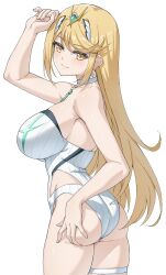 1girl ass bare_shoulders blonde_hair blush breasts deep_skin from_behind grabbing_own_ass highres large_breasts long_hair looking_at_viewer mythra_(xenoblade) mzrz one-piece_swimsuit orange_eyes sideboob smile solo swimsuit thick_thighs thigh_strap thighs very_long_hair white_background xenoblade_chronicles_(series) xenoblade_chronicles_2