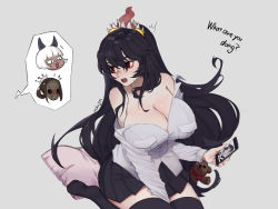 Rule 34 | 1girl, black hair, breasts, cellphone, cleavage, filia (skullgirls), grey background, highres, kneeling, large breasts, long hair, looking to the side, ms. fortune (skullgirls), open mouth, painwheel (skullgirls), phone, pillow, pleated skirt, red eyes, samson (skullgirls), school uniform, skirt, skullgirls, smartphone, speech bubble, stuffed animal, stuffed toy, teddy bear, uchujin 416