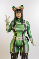 Rule 34 | 1girl, asian, asui tsuyu, bodysuit, boku no hero academia, breasts, cosplay, curvy, gloves, goggles, goggles on head, hair between eyes, harness, highres, lips, long hair, photo (medium), real life, solo, standing, tagme, thick thighs, thigh gap, thighhighs, thighs, tongue, tongue out, uyuy2907, v