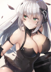 Rule 34 | 1girl, arm strap, armpits, barcode, bare shoulders, black gloves, black leotard, blunt bangs, blurry, blush, bow, breasts, cleavage, cleavage cutout, closed mouth, clothing cutout, depth of field, eyebrows, eyes visible through hair, facial tattoo, feathers, gager (girls&#039; frontline), girls&#039; frontline, gloves, green eyes, gun, hair bow, hair ornament, head tilt, headgear, headphones, highres, holding, holding gun, holding weapon, knife, large breasts, leaning forward, leotard, long hair, looking at viewer, looking away, motokonut, sangvis ferri, sidelocks, solo, tattoo, upper body, weapon, white hair