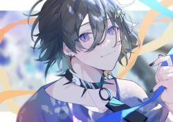 Rule 34 | 10 io, 1boy, bishounen, black collar, black hair, black nails, blurry, blurry background, border, choker, closed mouth, collar, double-parted bangs, earrings, hair between eyes, hair ornament, hairclip, handprint, highres, holding, holding ribbon, holostars, jewelry, kanade izuru, letterboxed, lightning bolt, lightning bolt hair ornament, lightning bolt symbol, looking at viewer, male focus, o-ring, outside border, purple eyes, purple shirt, ribbon, shirt, short hair, smile, solo, spiked collar, spikes, streamers, t-shirt, upper body, virtual youtuber, white border