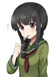 Rule 34 | 1girl, black hair, braid, brown eyes, commentary request, food, highres, kantai collection, kitakami (kancolle), long hair, looking at viewer, md5 mismatch, mouth hold, okitsugu, pocky, pocky day, resolution mismatch, school uniform, serafuku, simple background, single braid, sketch, smile, solo, source smaller, white background