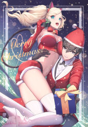 Rule 34 | 1boy, 1girl, amamiya ren, animal ears, ass, bell, black eyes, black gloves, black hair, blonde hair, blue eyes, box, breasts, buttons, cat ears, cat tail, christmas, christmas present, cleavage, commentary request, elbow gloves, english text, fake animal ears, fake tail, floating hair, fur-trimmed gloves, fur-trimmed headwear, fur-trimmed shorts, fur trim, gift, gift box, gloves, hair between eyes, hat, holding, holding gift, jacket, large breasts, long hair, looking at viewer, merry christmas, midriff, mixed-language commentary, navel, neck bell, open mouth, persona, persona 5, red gloves, red headwear, red jacket, red shorts, santa costume, santa hat, shorts, smile, stomach, swept bangs, tail, takamaki anne, twintails, twitter username, wavy hair, yoruno mahiru