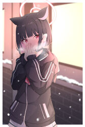 Rule 34 | 1girl, absurdres, animal ears, black choker, black hair, black jacket, blue archive, cat ears, choker, colored inner hair, extra ears, halo, highres, hood, hood down, hooded jacket, jacket, kazusa (blue archive), long sleeves, looking at viewer, multicolored hair, open mouth, pink hair, pink halo, pleated skirt, red eyes, short hair, skirt, solo, white skirt, yoi0341