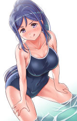 Rule 34 | 1girl, :p, bare arms, bare shoulders, blue hair, blue one-piece swimsuit, blush, breasts, cameltoe, cleavage, closed mouth, collarbone, competition school swimsuit, contrapposto, covered navel, cowboy shot, curvy, gonta (gshoutai), hands on own thighs, highres, large breasts, leaning forward, legs apart, long hair, looking at viewer, love live!, love live! sunshine!!, matsuura kanan, narrow waist, one-piece swimsuit, parted bangs, partially submerged, purple eyes, school swimsuit, sidelocks, skin tight, skindentation, smile, solo, spaghetti strap, swimsuit, tareme, taut clothes, taut swimsuit, tongue, tongue out, v-shaped eyebrows, wading, water, wet, wet clothes, wet hair, white background, wide hips