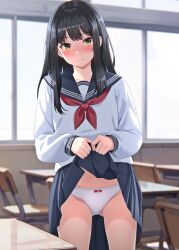 Rule 34 | 1girl, black hair, black sailor collar, black skirt, blurry, blurry background, blush, bow, bow panties, chair, classroom, closed mouth, clothes lift, collarbone, commentary request, cowboy shot, desk, highres, indoors, lifting own clothes, long hair, long sleeves, neckerchief, nikki (n2kkey), original, panties, red neckerchief, sailor collar, school chair, school desk, school uniform, serafuku, skirt, skirt lift, solo, standing, underwear, white panties, window, yellow eyes
