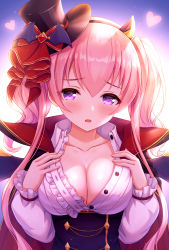 Rule 34 | 1girl, backlighting, black cape, black headwear, blush, breasts, buttons, cape, center frills, cleavage, collarbone, demon horns, frills, hairband, hat, heart, highres, horns, large breasts, long hair, long sleeves, looking at viewer, open mouth, pink hair, popped collar, princess connect!, purple eyes, shirt, solo, tomo (tmtm mf mf), tsumugi (halloween) (princess connect!), tsumugi (princess connect!), twintails, very long hair, white shirt