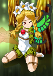 Rule 34 | 1girl, bdsm, blonde hair, bondage, bound, bow (weapon), braid, bunko (fumimatsu), butterfly wings, fairy, flower, frogtie, grimace, hair flower, hair ornament, insect wings, kneeling, long hair, mercedes (odin sphere), odin sphere, pointy ears, puffy sleeves, red eyes, shibari, solo, spread legs, struggling, twin braids, weapon, wince, wings