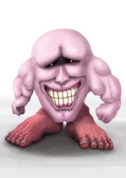 Rule 34 | feet, gingasansan, glowing, glowing eyes, gradient background, kirby, kirby (series), muscular, nintendo, no humans, smile, solo, standing, teeth, what, white background