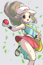 Rule 34 | 1girl, bag, bare shoulders, black wristband, blue shirt, blue socks, breasts, brown eyes, brown hair, chorimokki, creatures (company), floating hair, game freak, grey background, hat, holding, holding poke ball, kneehighs, leaf, leaf (pokemon), leg up, long hair, looking at viewer, loose socks, midriff peek, nintendo, open mouth, outstretched arm, parted bangs, pleated skirt, poke ball, poke ball (basic), pokemon, pokemon frlg, porkpie hat, red footwear, red skirt, shirt, shoulder bag, simple background, skirt, sleeveless, sleeveless shirt, small breasts, socks, solo, standing, standing on one leg, thighs, tongue, v-shaped eyebrows, white footwear, white hat, wristband, yellow bag