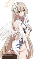 Rule 34 | 1girl, angel wings, ass, back cutout, blue archive, bracelet, china dress, chinese clothes, clothing cutout, dress, earrings, flower, from behind, hair flower, hair ornament, halo, jewelry, light brown hair, long hair, nagisa (blue archive), shadowsinking, smile, wings, yellow eyes