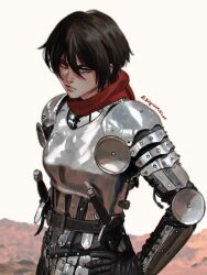 Rule 34 | 1girl, armor, artist name, black hair, blue eyes, blurry, breastplate, commentary, depth of field, english commentary, frown, hand on own hip, highres, looking at viewer, mikasa ackerman, red scarf, scarf, serious, sheath, sheathed, shingeki no kyojin, short hair, shoulder armor, solo, upper body, white background, zu yuan cesar