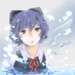Rule 34 | 1girl, bad id, bad pixiv id, blue background, blue eyes, blue hair, bow, cirno, expressionless, gradient background, hair bow, head tilt, lips, looking at viewer, lowres, matching hair/eyes, mokoiscat, partially submerged, ribbon, short hair, solo, touhou, water drop, wings