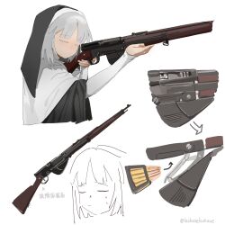 Rule 34 | 1girl, closed eyes, grey hair, gun, highres, holding, holding gun, holding weapon, lazhuzelazhuze, nun, original, short hair, simple background, solo, upper body, veil, weapon, weapon request, white background