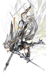 Rule 34 | 1girl, absurdres, arknights, armor, armored boots, banner, black shorts, boots, cross, dual wielding, fartooth (arknights), full body, gauntlets, grey hair, highres, holding, holding cross, holding sword, holding weapon, kaneni, long hair, long sleeves, shirt, shorts, simple background, solo, sword, thigh strap, visor (armor), visor lift, weapon, white background, white shirt, yellow eyes
