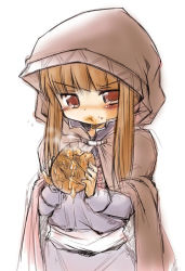 Rule 34 | 00s, blush, brown hair, cloak, eating, food, food on face, holo, hood, long hair, nisu, pie, red eyes, solo, spice and wolf
