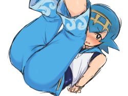 Rule 34 | 1girl, 9rimson, arms behind back, ass, blue eyes, blue hair, blue sailor collar, blush, capri pants, creatures (company), crop top, embarrassed, female focus, game freak, hair ornament, hairband, lana (pokemon), legs up, looking at viewer, lying, nintendo, on back, one-piece swimsuit, open mouth, pants, pokemon, pokemon sm, sailor collar, shirt, short hair, simple background, sketch, sleeveless, sleeveless shirt, solo, swimsuit, swimsuit under clothes, white background
