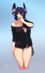 Rule 34 | 10s, 1girl, blush, collarbone, cowboy shot, eyepatch, feguimel, highres, kantai collection, open mouth, panties, purple hair, simple background, solo, tenryuu (kancolle), unbuttoned, unbuttoned shirt, underwear, white panties, yawning, yellow eyes