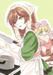 Rule 34 | 2girls, aged down, apron, baby, biting, blonde hair, bow, brown hair, commentary request, cooking, cooking pot, cowboy shot, dress, drill hair, food, green background, green dress, green eyes, hair bow, head scarf, heterochromia, hinaichigo, holding, holding food, holding knife, kiru (m putorius), kitchen knife, knife, lace, long hair, looking at viewer, looking to the side, medium bangs, multiple girls, open mouth, pink bow, red eyes, rozen maiden, saliva, short hair, short sleeves, stove, suiseiseki, tofu, twin drills, very long hair, white apron, white headwear
