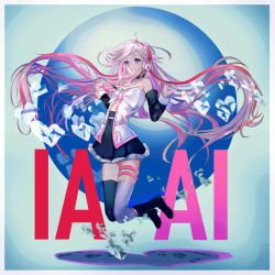 Rule 34 | 1girl, andedalive, asymmetrical legwear, bare shoulders, black footwear, black skirt, black thighhighs, blue eyes, boots, braid, cevio, character name, clothing cutout, crystal, detached sleeves, floating, floating hair, hands up, headphones, heart, highres, ia (vocaloid), knee boots, legs up, long hair, miniskirt, mismatched legwear, orb, pink hair, pleated skirt, shirt, skindentation, skirt, sleeveless, sleeveless shirt, stomach cutout, thighhighs, very long hair, vocaloid, white thighhighs