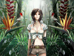 Rule 34 | 1girl, bandages, belt, bird, bird of paradise flower, breasts, cleavage, flower, forest, front-tie top, haya-g, heterochromia, ikusotsu, jungle, knife, large breasts, meiko (vocaloid), midriff, nature, navel, shirt, shorts, solo, tied shirt, vocaloid