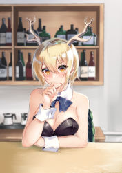 Rule 34 | 1girl, alternate costume, antlers, bare arms, bare shoulders, black leotard, blonde hair, blue bow, blue bowtie, bottle, bow, bowtie, breasts, brown eyes, cleavage, commentary request, detached collar, dragon horns, hair between eyes, hand on own chin, hand up, horns, indoors, kicchou yachie, kurokan (kokkyou oudan), leotard, looking at viewer, medium breasts, nail polish, nontraditional playboy bunny, partial commentary, pink nails, playboy bunny, short hair, solo, strapless, strapless leotard, touhou, upper body, wine bottle, wrist cuffs